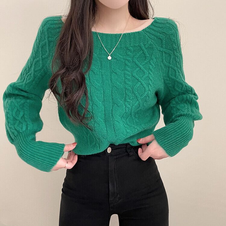 スクエアネックバルーンスリーブケーブルニット6色 グリーン