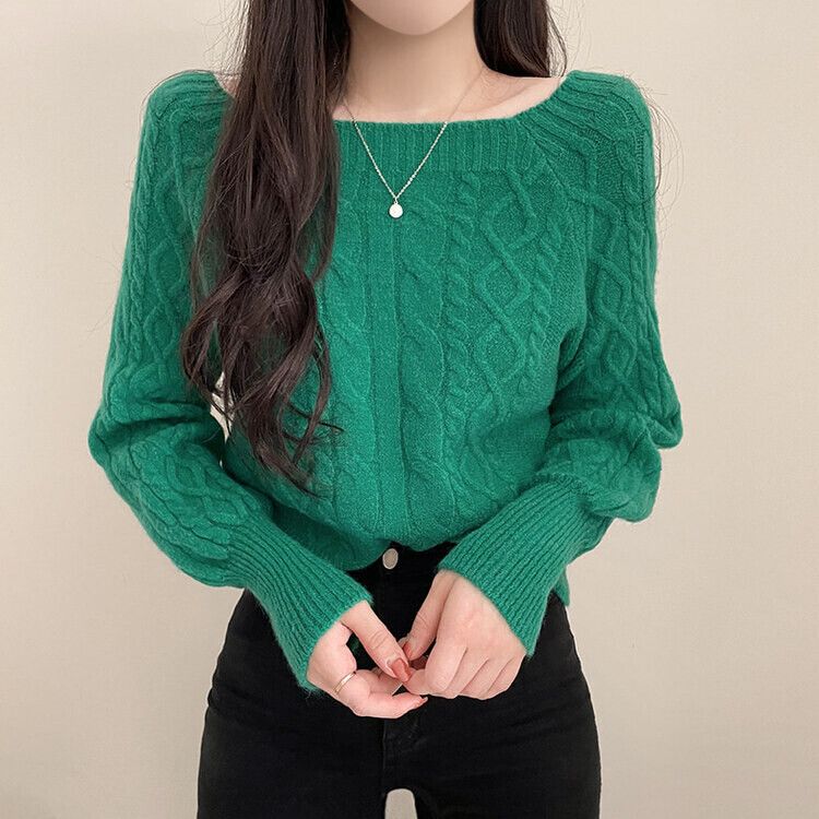 スクエアネックバルーンスリーブケーブルニット6色 グリーン