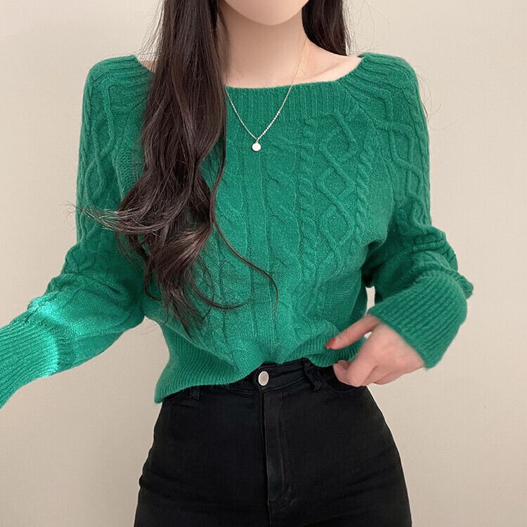 スクエアネックバルーンスリーブケーブルニット6色 グリーン