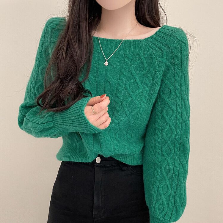 スクエアネックバルーンスリーブケーブルニット6色 グリーン