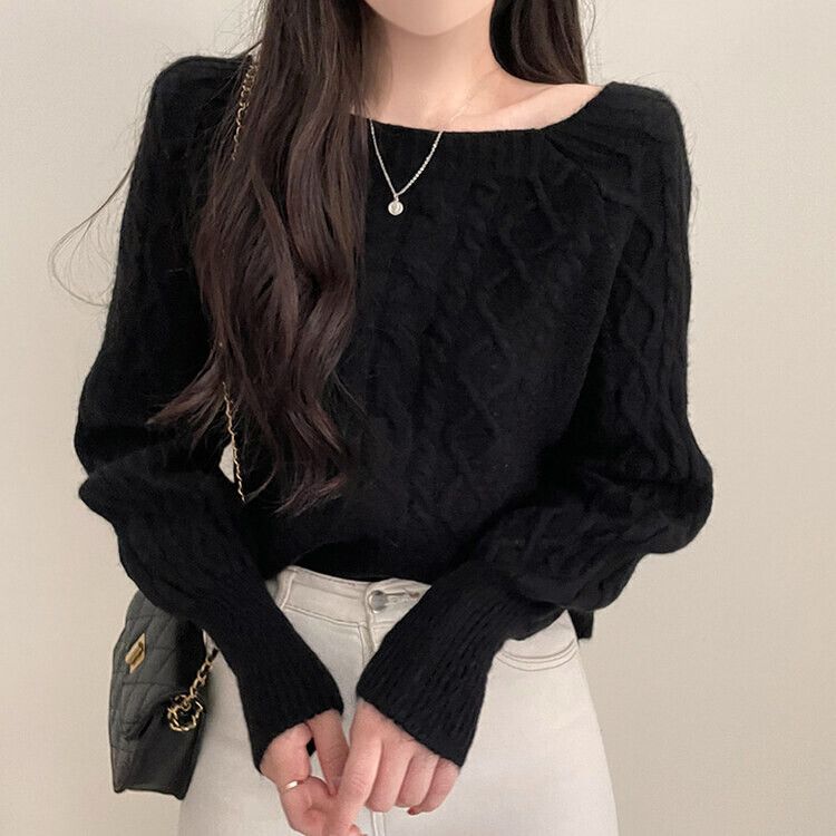 スクエアネックバルーンスリーブケーブルニット6色 ブラック