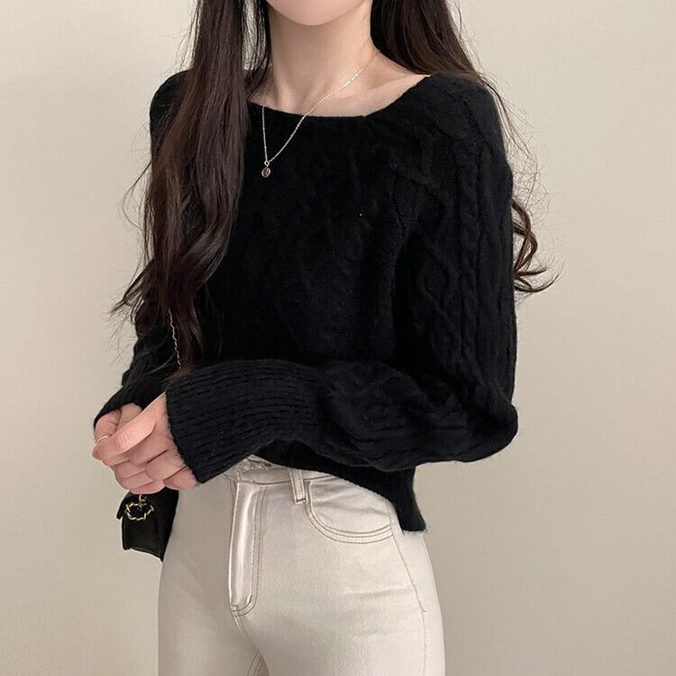 スクエアネックバルーンスリーブケーブルニット6色 ブラック