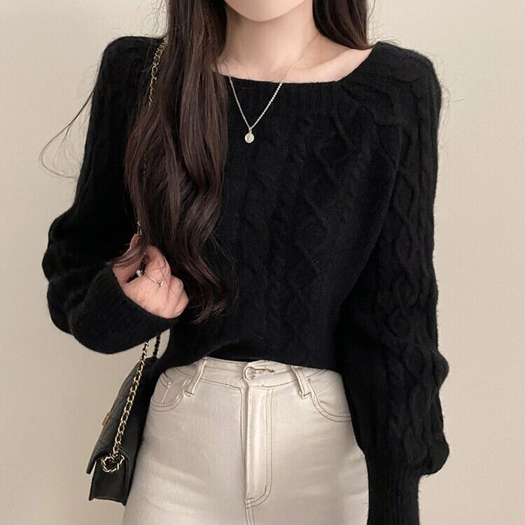 スクエアネックバルーンスリーブケーブルニット6色 ブラック