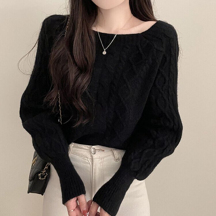 スクエアネックバルーンスリーブケーブルニット6色 ブラック