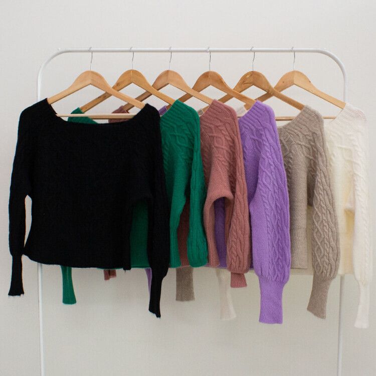 スクエアネックバルーンスリーブケーブルニット6色