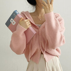 カジュアルガーリーボタンフードカーディガン｜ニット｜韓国