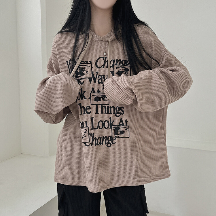 ビンテージレタリングワッフルオーバーフィットフード長袖Tシャツ 