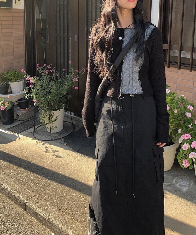 ケーブルバイカラー切替デザインアウトステッチクロップニット