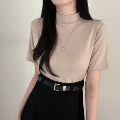 半袖Tシャツ ハーフネックTシャツ ベージュ