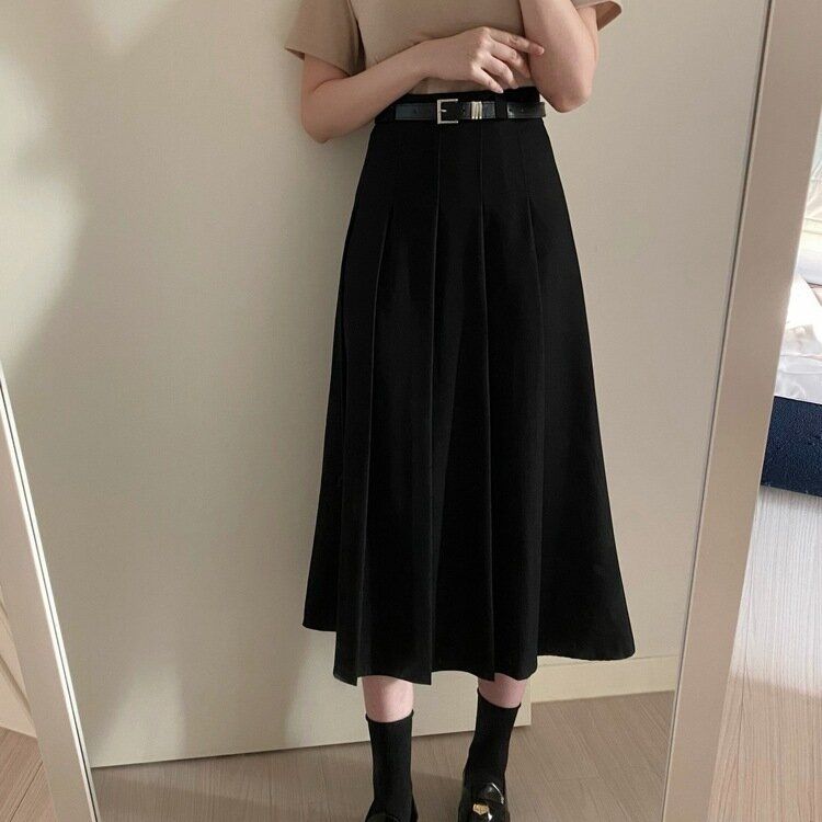 [SET]プリーツロングスカート ベルト ブラック