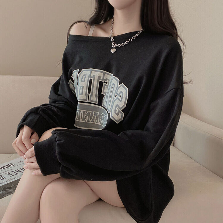 PUTUMAYO オフショルダー Tシャツ ブラック オフショルダーレタリングオーバーサイズ長袖Tシャツ
