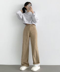 2XL골덴 코듀로이 벨로아 융털기모 롱와이드 팬츠 베이지