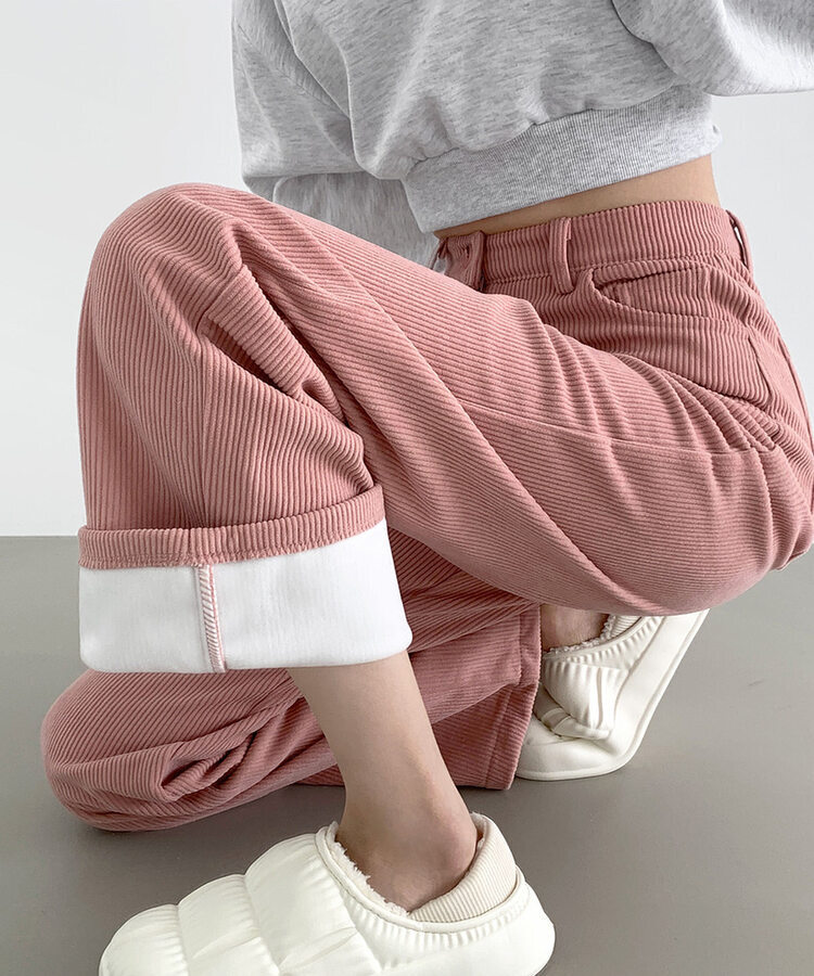 2XL골덴 코듀로이 벨로아 융털기모 롱와이드 팬츠 핑크