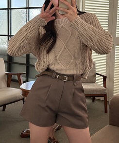 【SET】タックスラックスショートパンツ ベルト ブラウン
