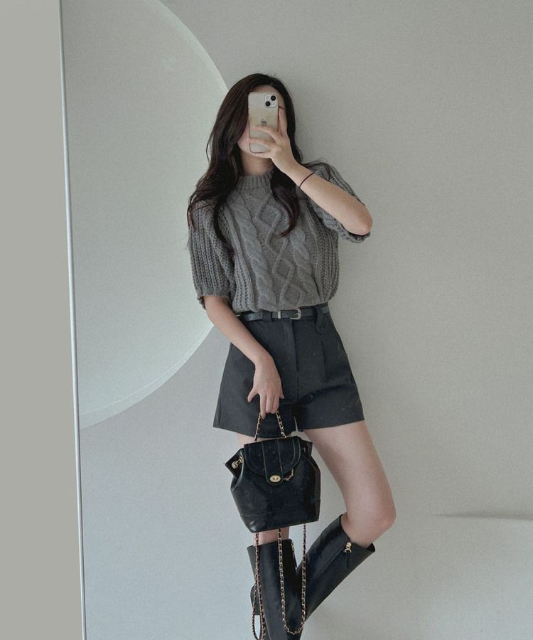 【SET】タックスラックスショートパンツ ベルト チャコール