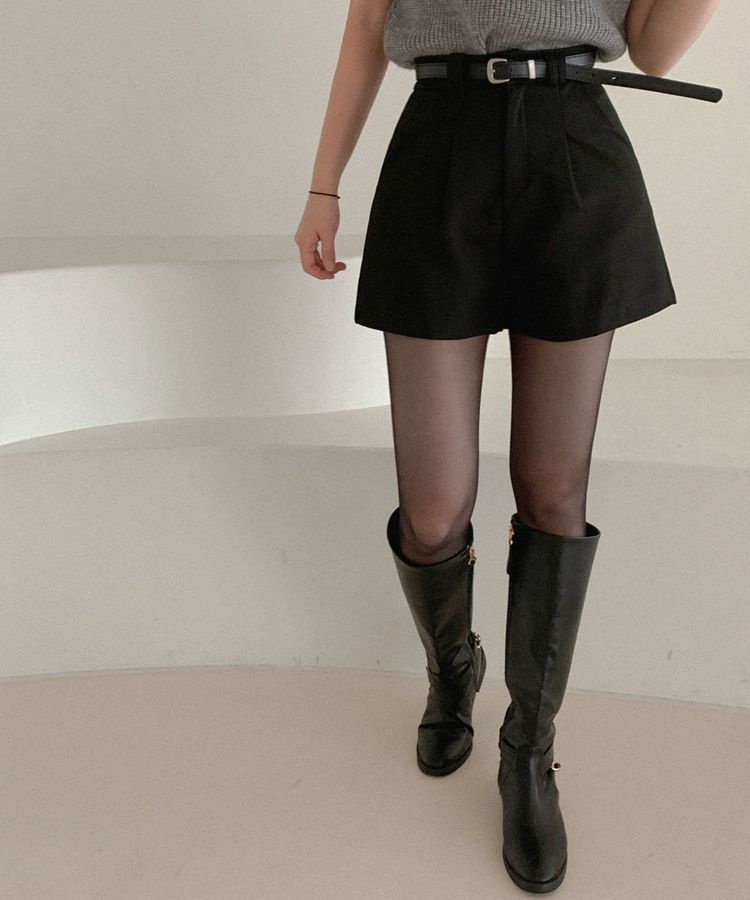 【SET】タックスラックスショートパンツ ベルト ブラック