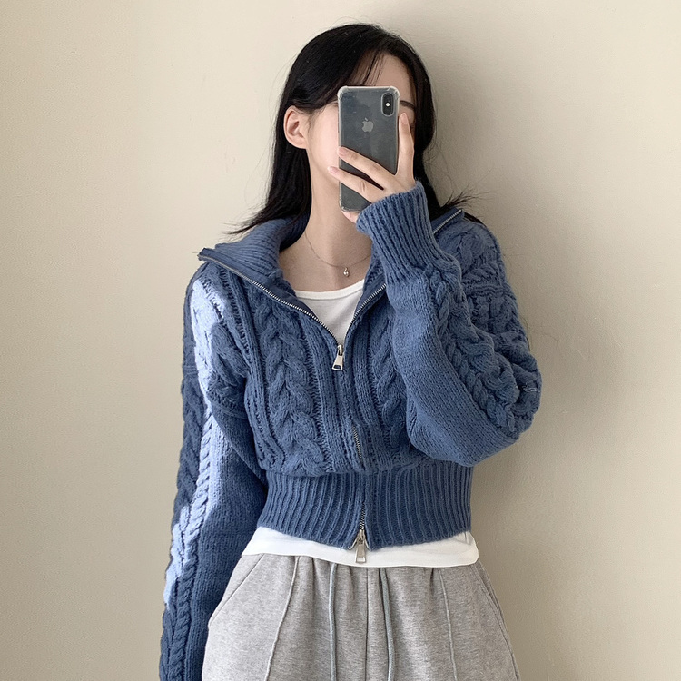厚手ケーブルクロップダブルジップアップニットカーディガン5色
