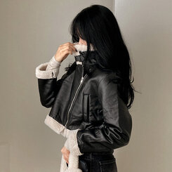 SJK9198 クロップフェイクミンクファーレザーライダームートン