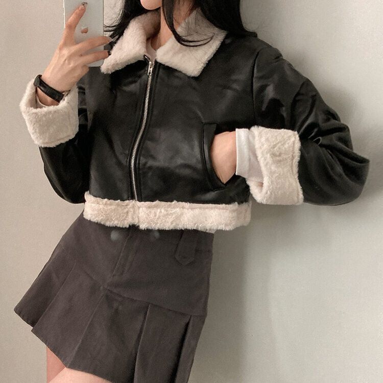 SJK9198 クロップフェイクミンクファーレザーライダームートン