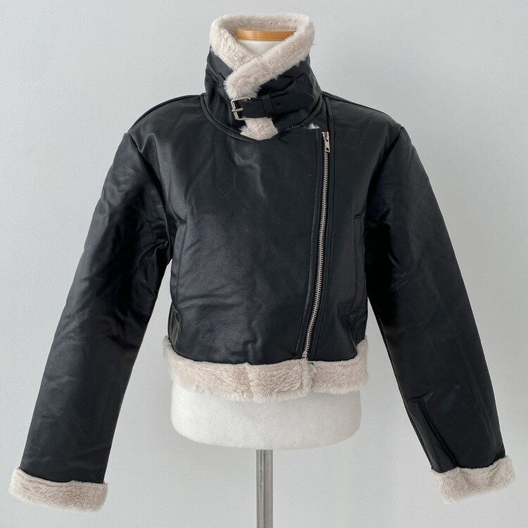 SJK9198 クロップフェイクミンクファーレザーライダームートン