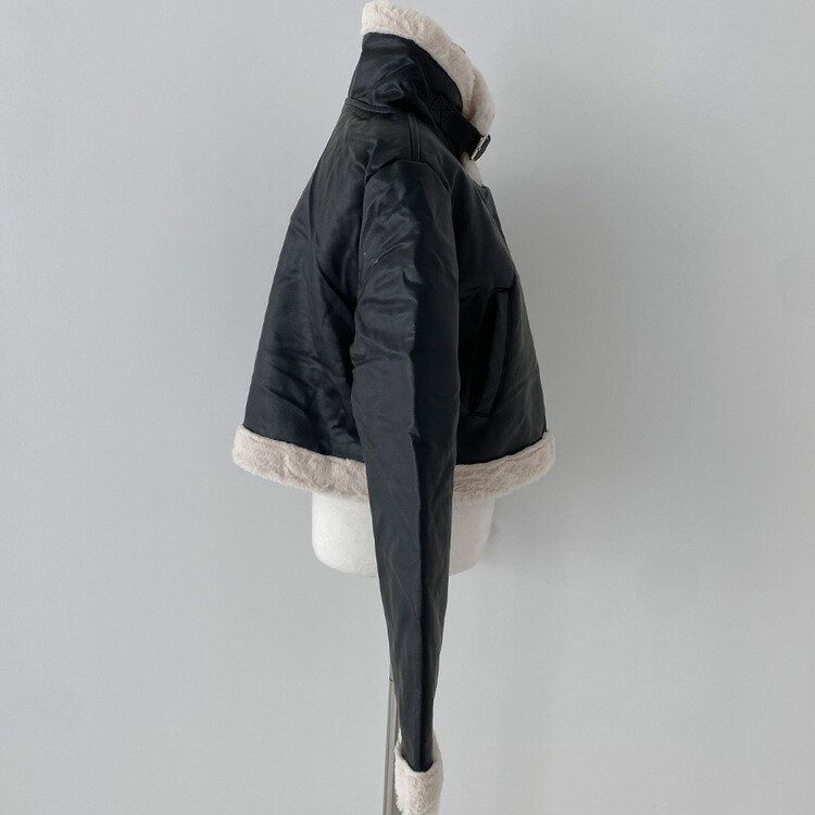 푸그니 크롭 밍크퍼 레더 라이더 무스탕 자켓