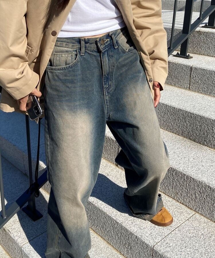 ブラシウォッシングミドルブルーバギーデニムパンツ｜デニム｜韓国