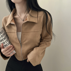 ショルダーパッドスエードクロップジップアップジャケット ベージュ