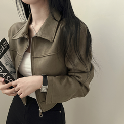 ショルダーパッドスエードクロップジップアップジャケット カーキ