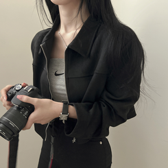 ショルダーパッドスエードクロップジップアップジャケット ブラック