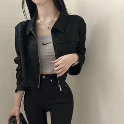 ショルダーパッドスエードクロップジップアップジャケット ブラック