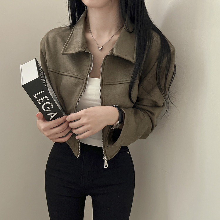 ショルダーパッドスエードクロップジップアップジャケット カーキ