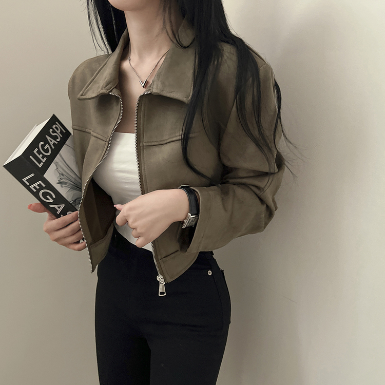 ショルダーパッドスエードクロップジップアップジャケット カーキ