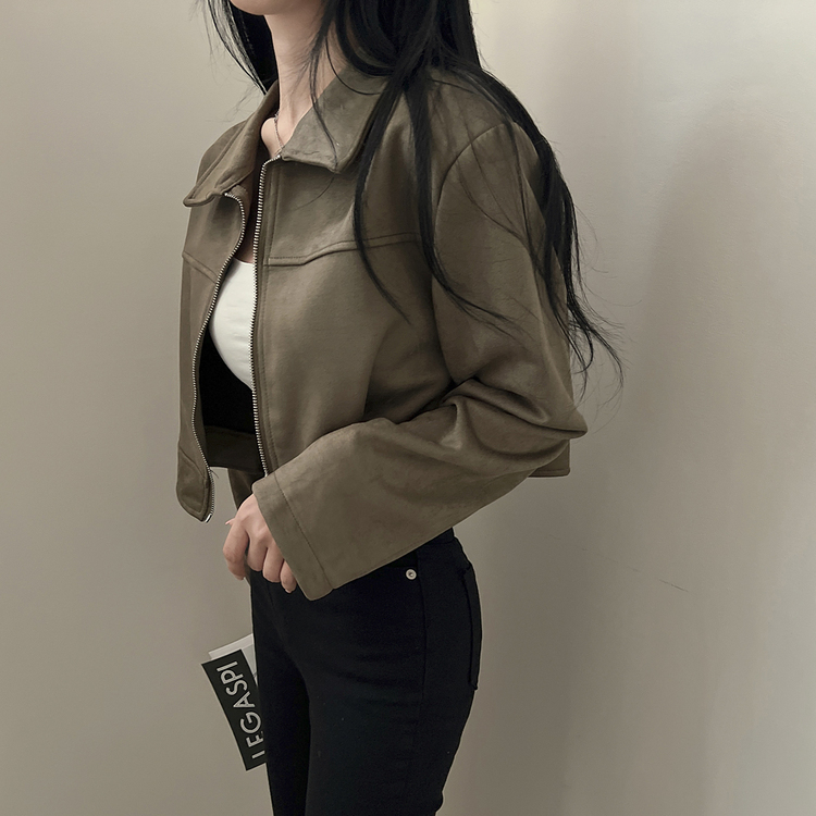 ショルダーパッドスエードクロップジップアップジャケット カーキ