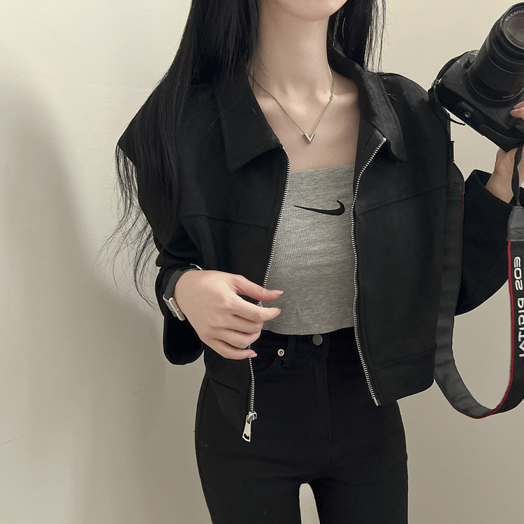 ショルダーパッドスエードクロップジップアップジャケット ブラック