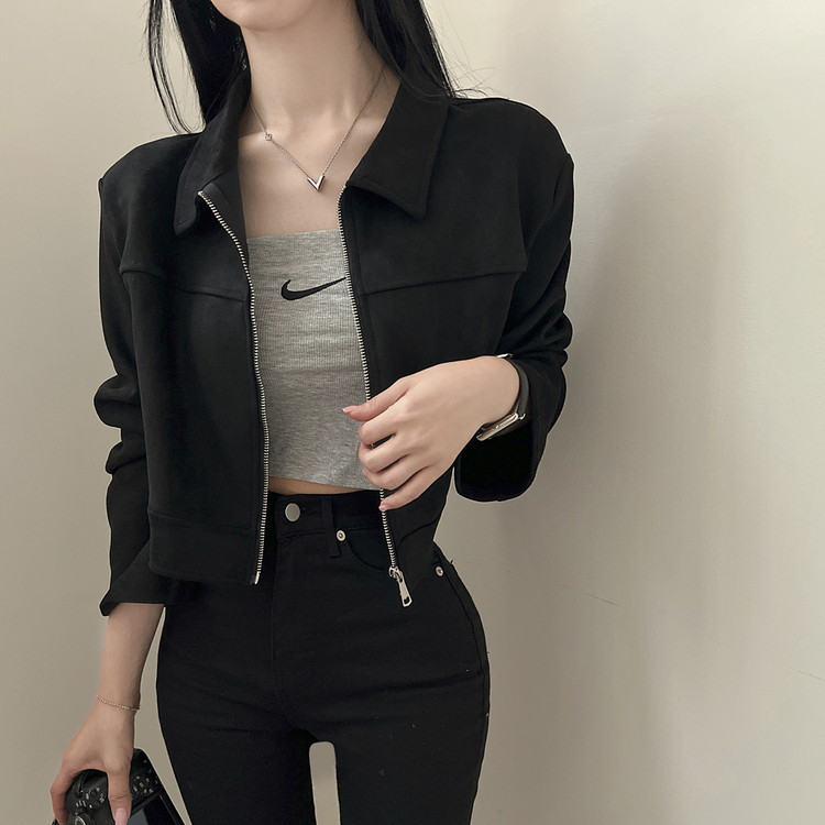ショルダーパッドスエードクロップジップアップジャケット ブラック