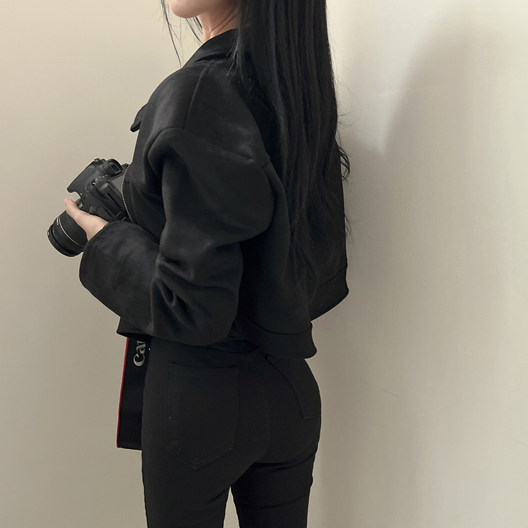 ショルダーパッドスエードクロップジップアップジャケット ブラック