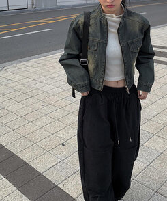 クロップダブルジップアップウォッシングデニムジャケット ブルー