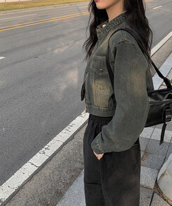 クロップダブルジップアップウォッシングデニムジャケット ブルー