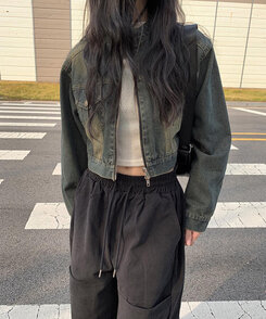 クロップダブルジップアップウォッシングデニムジャケット ブルー