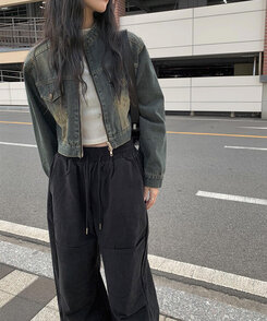 クロップダブルジップアップウォッシングデニムジャケット ブルー