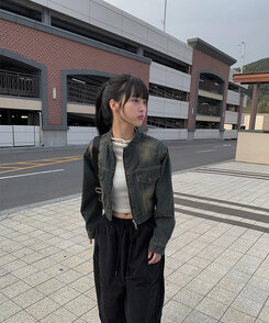 クロップダブルジップアップウォッシングデニムジャケット ブルー