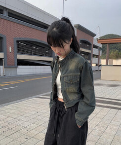 クロップダブルジップアップウォッシングデニムジャケット ブルー