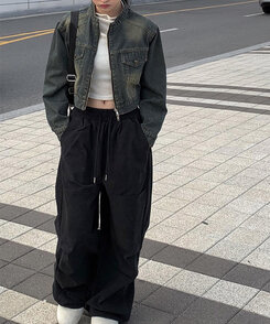 クロップダブルジップアップウォッシングデニムジャケット ブルー