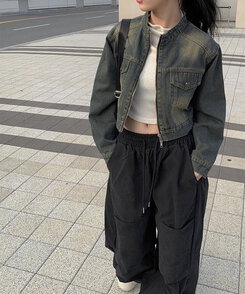 クロップダブルジップアップウォッシングデニムジャケット ブルー