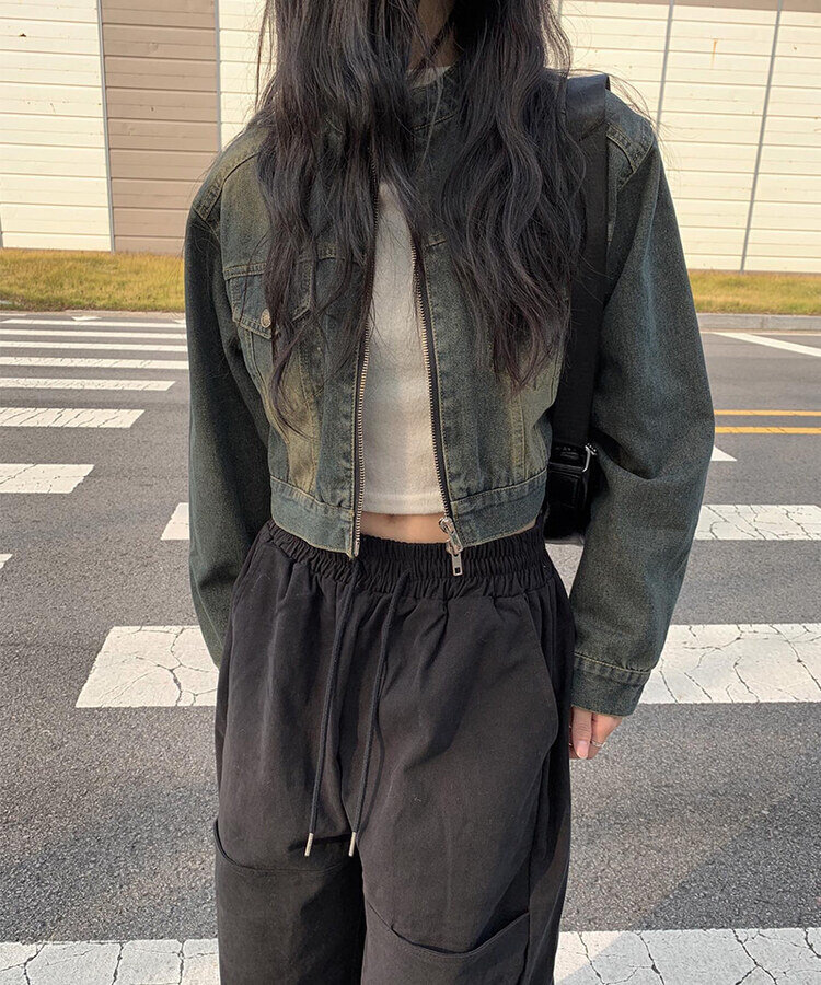 クロップダブルジップアップウォッシングデニムジャケット ブルー