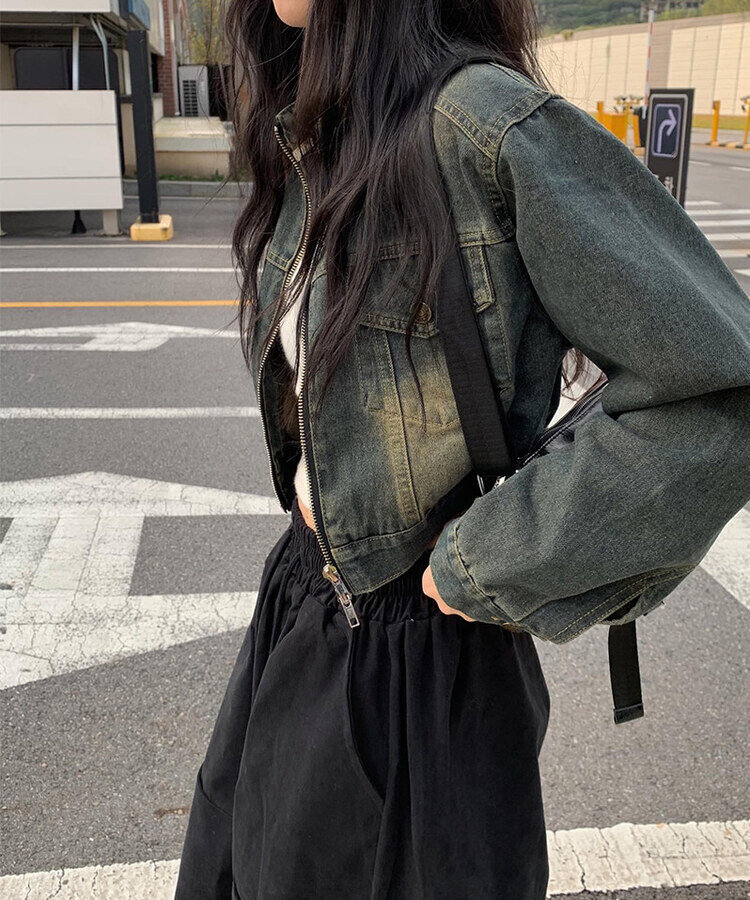 クロップダブルジップアップウォッシングデニムジャケット ブルー