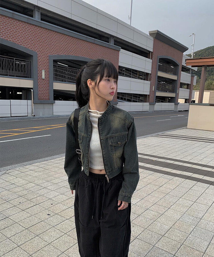 クロップダブルジップアップウォッシングデニムジャケット ブルー