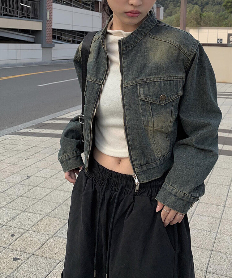 クロップダブルジップアップウォッシングデニムジャケット ブルー