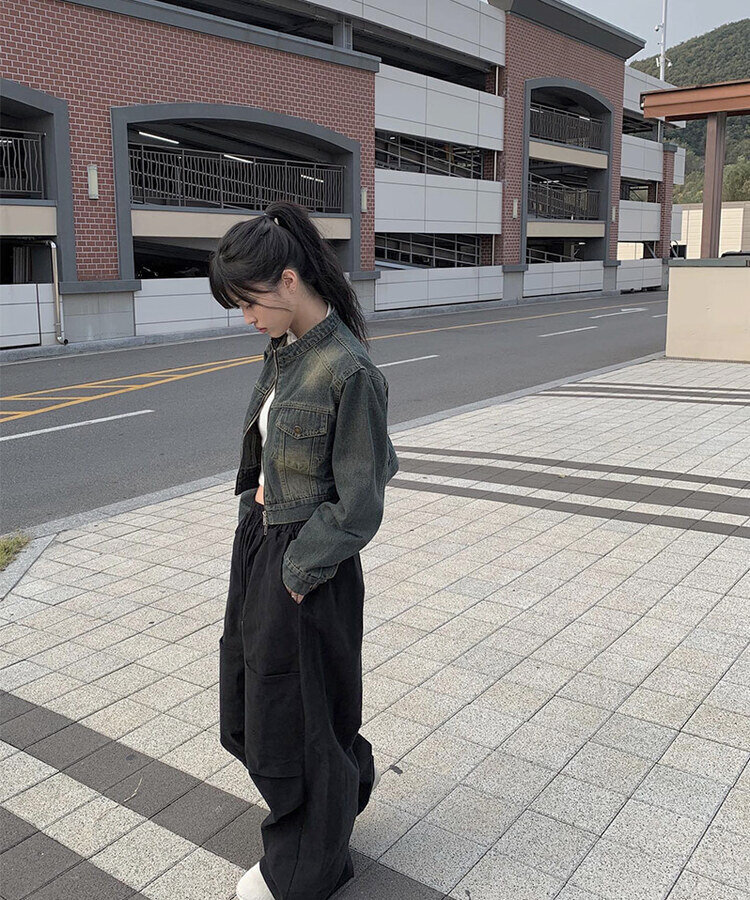 クロップダブルジップアップウォッシングデニムジャケット ブルー