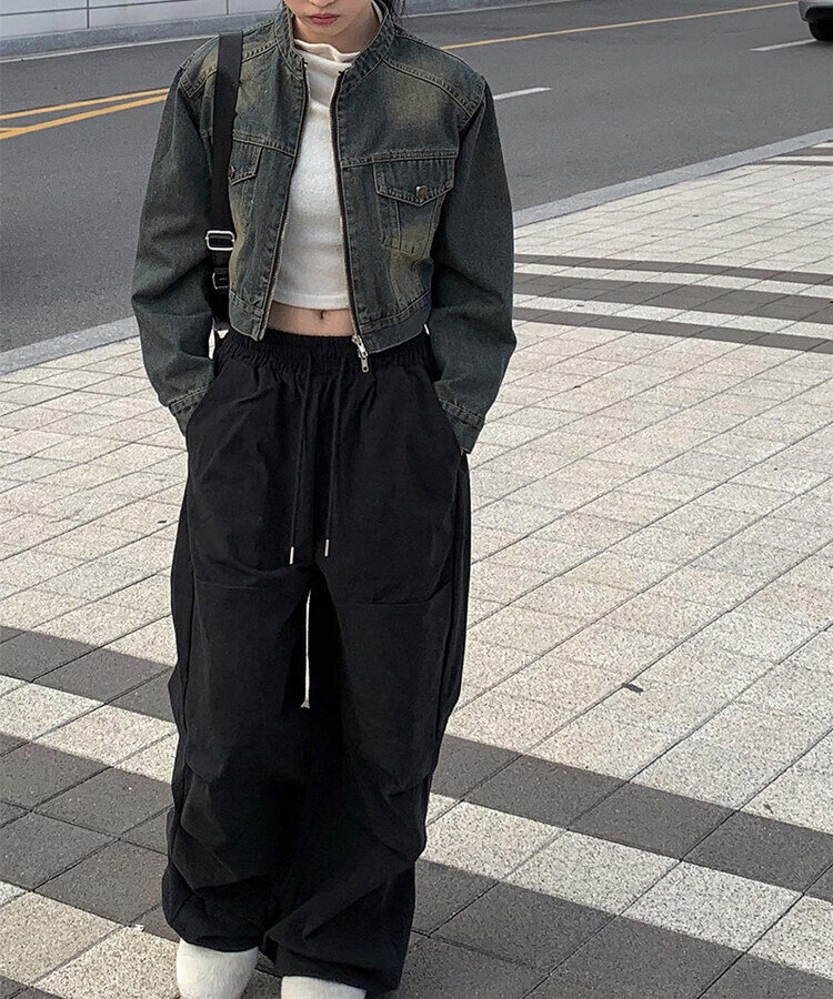 クロップダブルジップアップウォッシングデニムジャケット ブルー